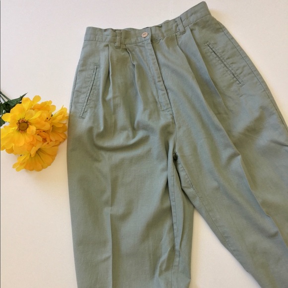 Vintage Pants - Vintage 80’s Pale Green Linen Blend Pleated Pants